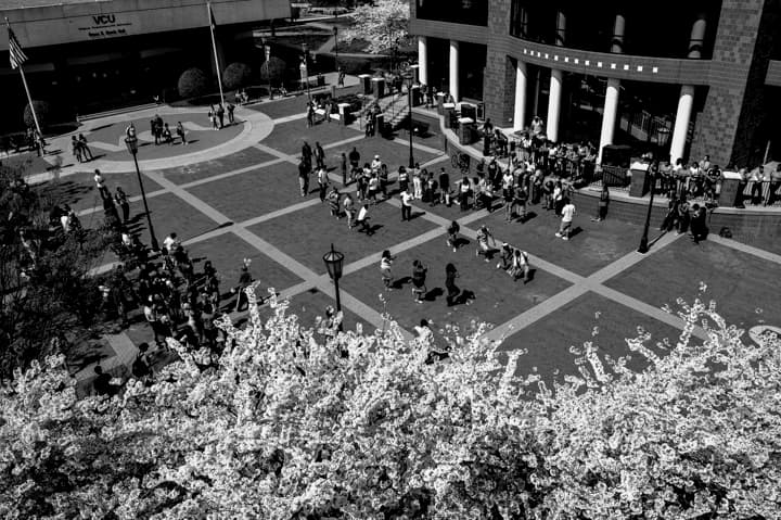 Students walking in the Ram Horns Plaza