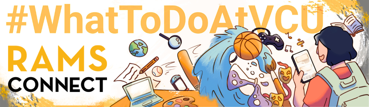 Student looking at RamsConnect on their phone and seeing all of the options like basketball, video gaming, music, painting, and much more.